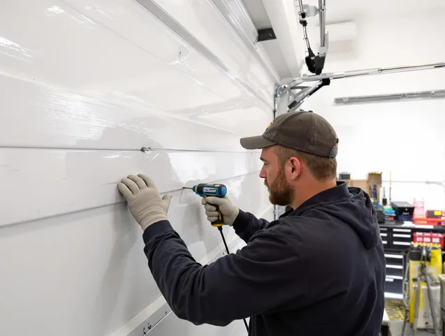 Glendora Garage Door Repair technician demonstrating precision dent removal techniques on a Glendora garage door